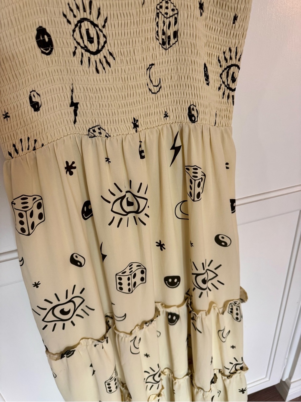 Dressed in LALA Rule Breaker Celestial Smocked Maxi Dress Buttercream/Black M - Picture 5 of 8